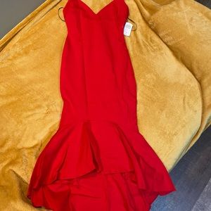 Red, spaghetti strap dress.